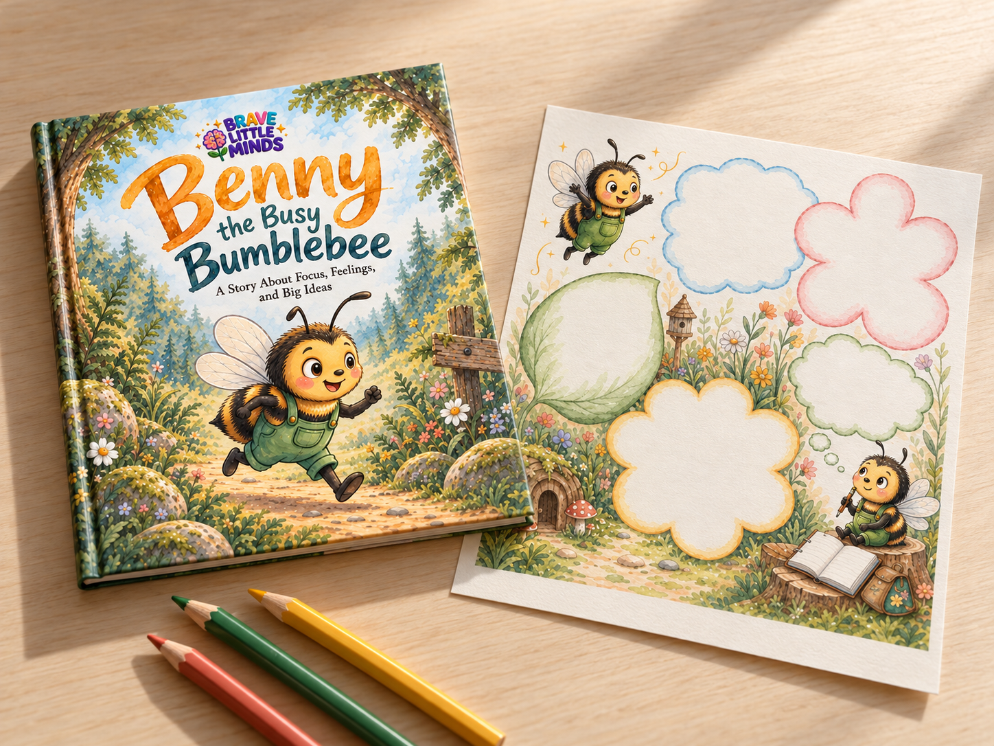 Brave Little Minds Benny book with activity page and colored pencils